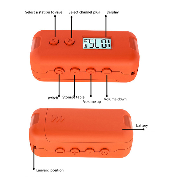 Pocket FM Radio Bärbar Mini DSP Radio Utomhussport Handhållen Orange