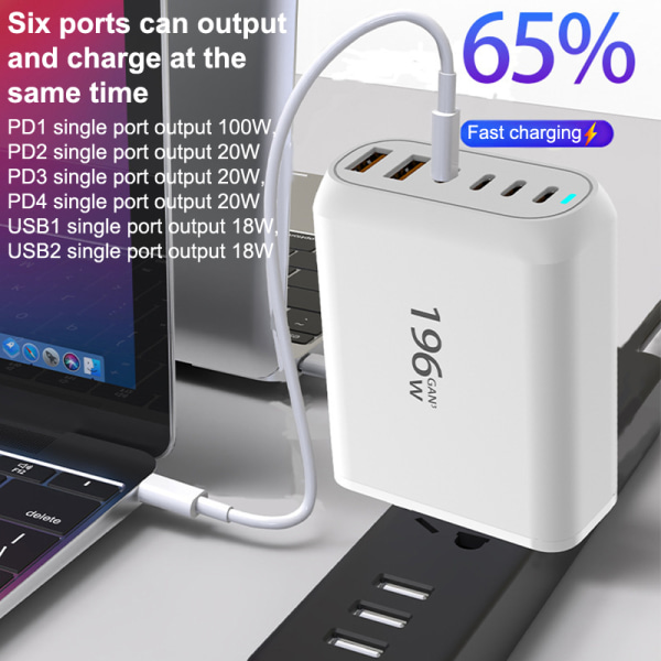 196W USB C GaN-lader PD hurtigladende strømadapter 6 porter T EU-Plug