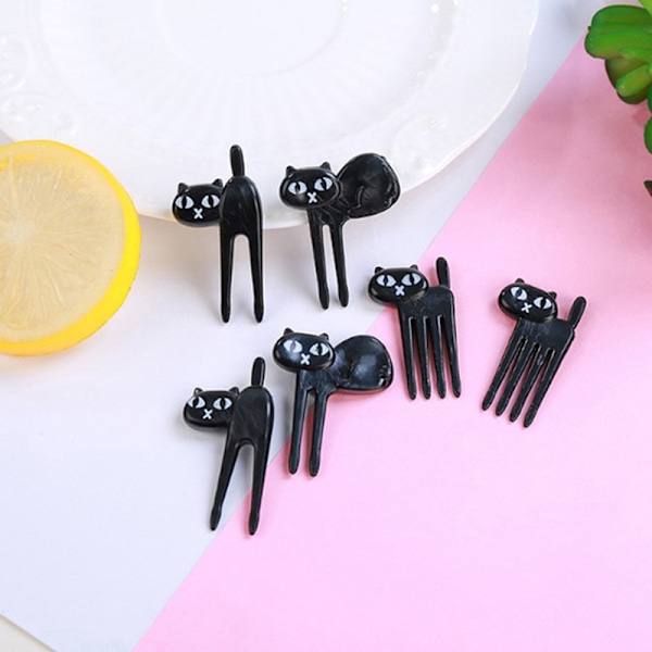 6 stk. sorte katte frugtgaffel e tandstik gadgets killing dessert de