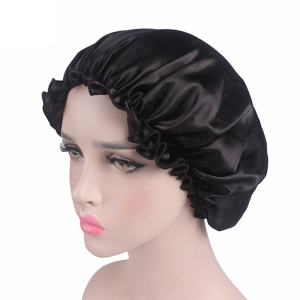 Silke Satin Night Sleep Cap Hår Bonnet Hat Hovedbetræk Black