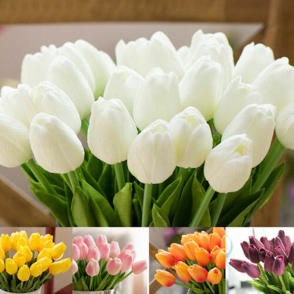 Kunstige Tulipan Blomster Falsk Bukett Real Touch Hjem Bryllup White