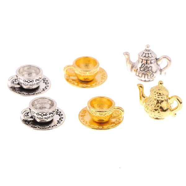 1 sett 1:12 Dukkehus Miniatyr tekanne kopp og tallerkenbord Mod Silver