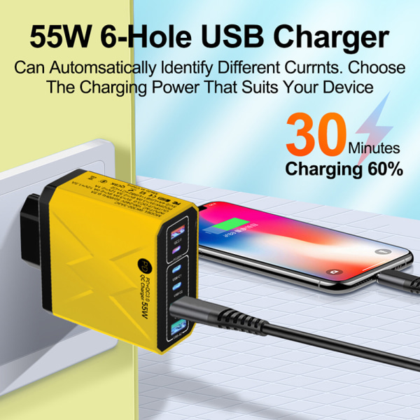 6 i 1 55W PD USB -laddare Snabbladdning Quick Charge 3.0 Travel US