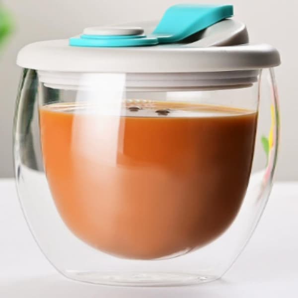 Dubbelväggig kaffemugg i glas med silikonlock, isolerad kaffemugg 1