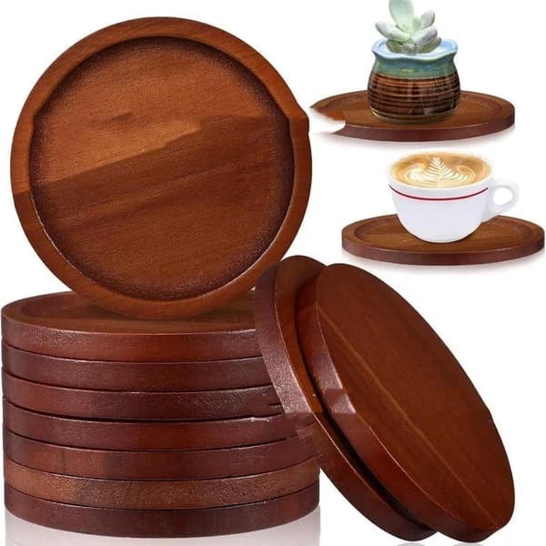 1/4/6 STK Runde Coasters i Naturtræ med Rille Design Vand A1