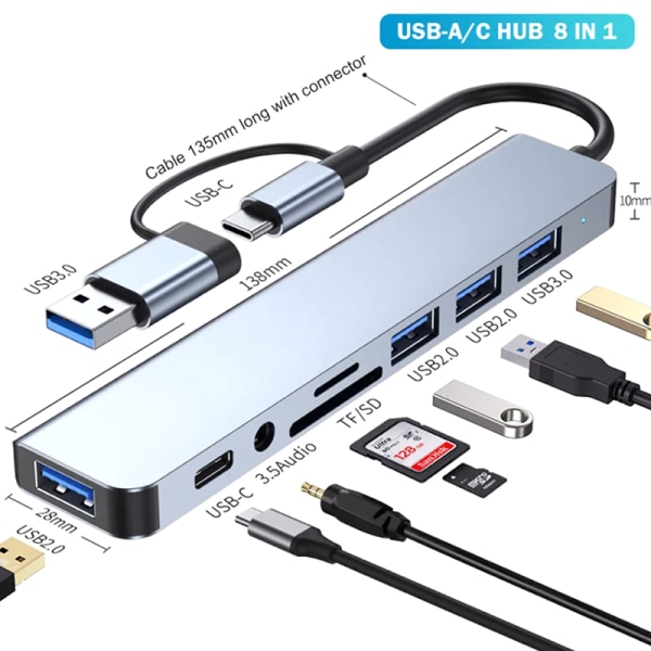 8-i-1-porter USB A Type C Hub Konsentrator-dokkingstasjon 3 0
