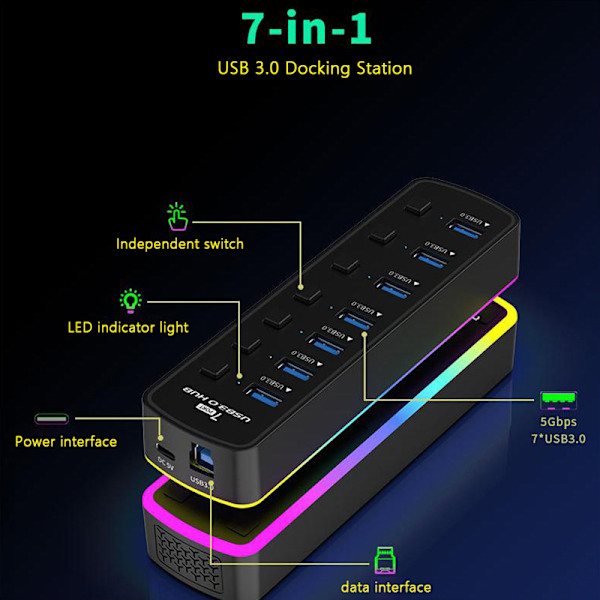 RGB USB 3.0 -keskitin 7 porttia Dataporttisovitin 5Gbps nopea Indi USB