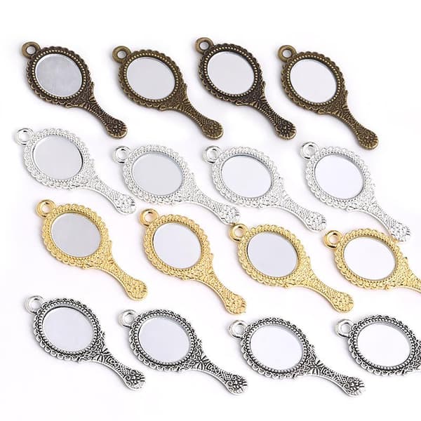 10 stk Vintage Legering Mini Speil Charms Med Antikk Gravert De A6