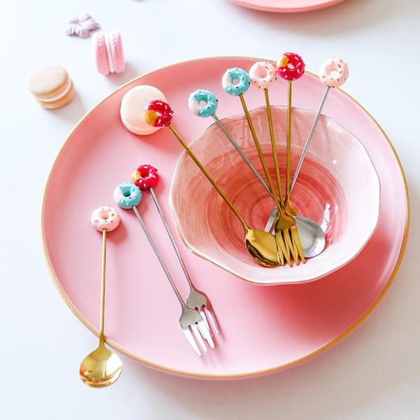 Donut-skje og -gaffel i rustfritt stål til iskrem, kake, dessert og kaffe Pink Fork