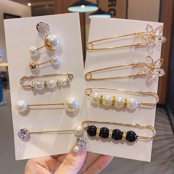 4/6 stk Dameklær Brosjesett Pearl Rhinestone Brosje Tigh A3