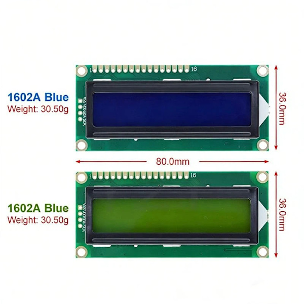 1 stk LCD1602-modul blågrønn 16x2 tegn LCD-skjermmodul A1