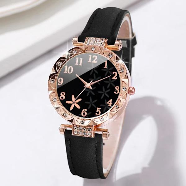 6 STK Dameur Mode Blomster Læderrem Analog Quartz (W A1