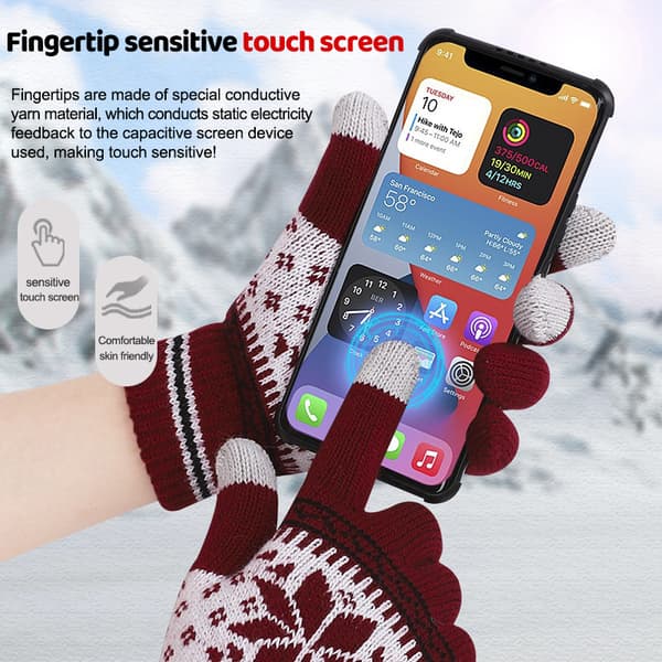 Vintervarma stickade handskar Mode snöflinge-broderi Touch G Red