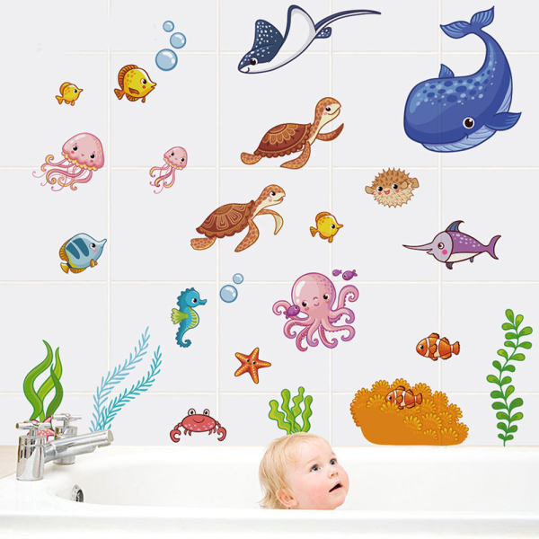Vattentät badklistermärke Fish Sea Cartoon Wall Sticker för Showe
