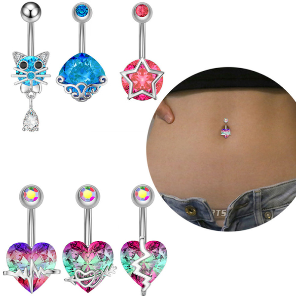 Kirurgisk stål Krystall navle ringer Zircon Heart Navel Pi C