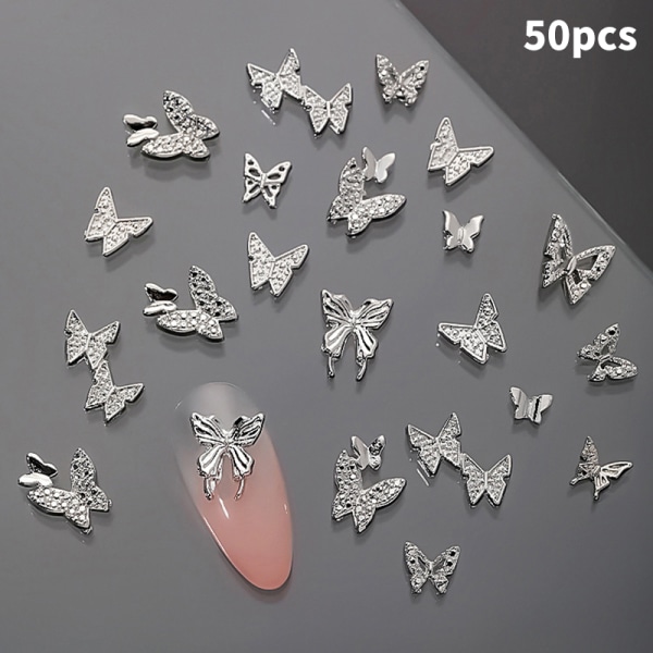 50 stk 3D-legering Butterfly Nail Charms Butterfly Nail Gems Nail R