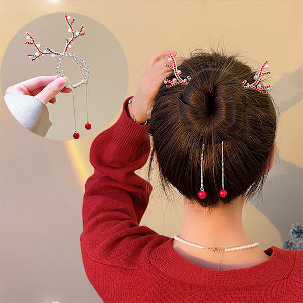 Ny Juleelg Horn Kvast Hårspenne Hårklipp Ponytail Bun Red