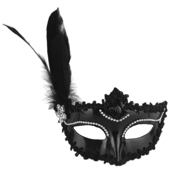 Feather Pearl Mask Halloween Party Masquerade White Black Eye M Black