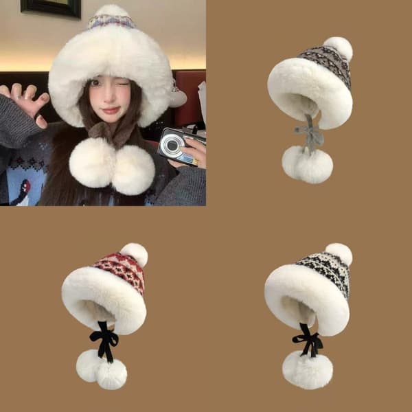 Fair Island-stil Retro Stickad Mössa Vinter Pom-pom Öra A8