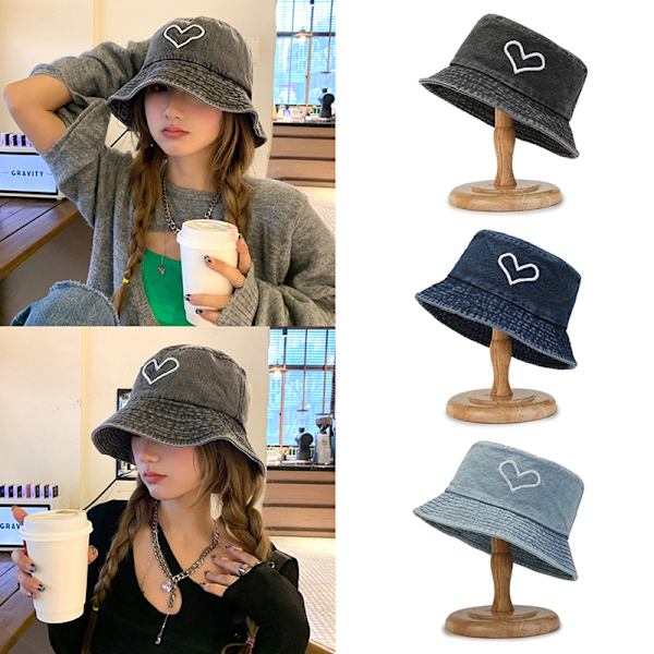 Washed Denim Bucket Hat Love Brodery Fisherman Hat Unisex Ou Black