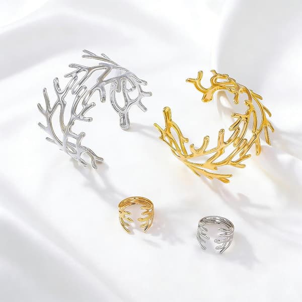 2 st guld korallgren design armband och ring set polerad finish A2