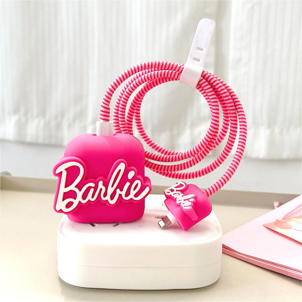 1 Sæt Pink Barbie Datakabel Beskyttelsescover Opladerhovedbeskytter