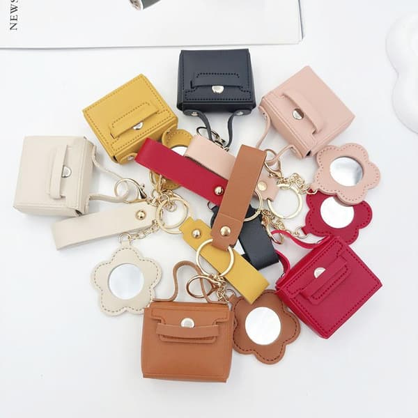 Mini PU læder nøgleringstaske med blomsterformet spejl håndledsrem A6