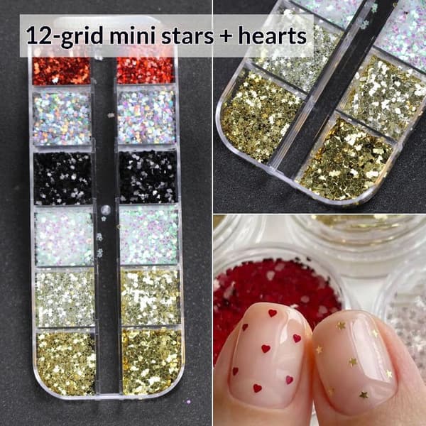 12 Gitre Mini Blandede Stjerne Hjerte Neglekunst Glitter Pailletter Gnistre A2