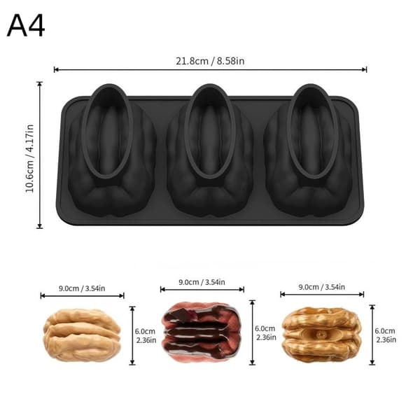 1 stk. 3-cellers peanøtt-/valnøttdesign silikonmousse kakeform A4