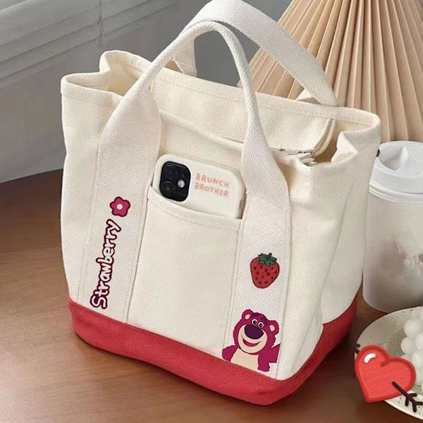 Cartoon e Handväska Canvas Bag Lunchpåse Vattenkopp Väskor Kawaii Be White