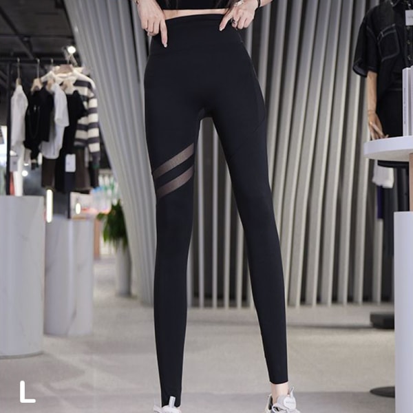 Laadukas naisten joogahousujen leggingsit läpinäkyvä raidallinen harjoitus black Large size [135-160 catties]