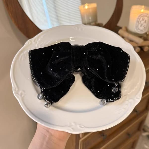 Fransk elegant hårklämma för kvinnor, sammet, strass, rosett, hästsvans