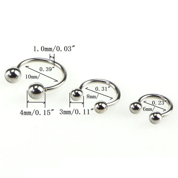 10 STK Rustfritt stål Horseshoe Bar Lip Nese Septum Øre Ring Silver 8mm