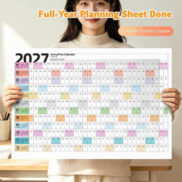 2027 Helårs vægkalender, tomme blokke, daglig planlægning A