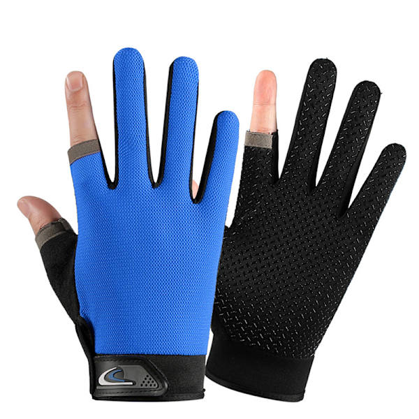 Menn Fiskehansker Dame Two Finger Hanne Touch Angling Anti-Sl Blue