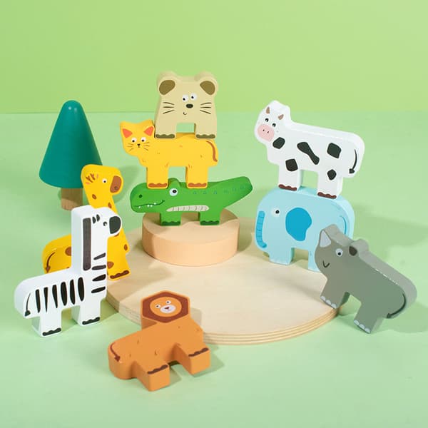 Stabledyr i tre Stableblokk Spill Formtilpasning Puslespill Balanse Multicolor