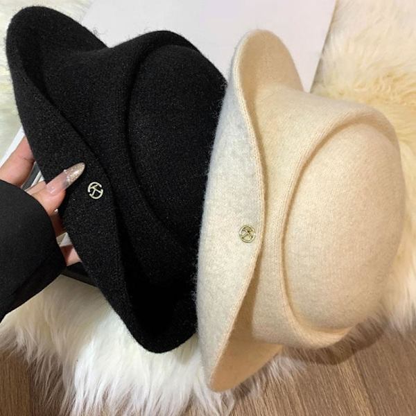 Fransk Hepburn-stil Elegant Sort Høj Hat Efterår Vinter Rullet Black
