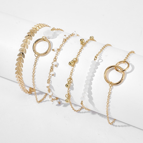 6 stk/sæt Boho armbånd sæt kvinder kvaster blade cirkulære kæder Gold