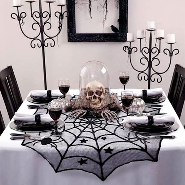 Halloween-dekorasjon blonder edderkoppnett skjelett hodeskalle duk C