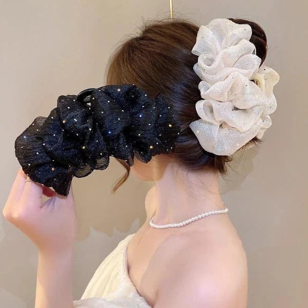 Glitter Rhinestones Hårklemme Dobbeltsidig Mesh Sløyfe Hårklemme Black