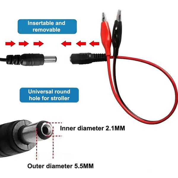2 krokodilleklemmer til han- eller hun-DC-stikadapter 55x21mm female