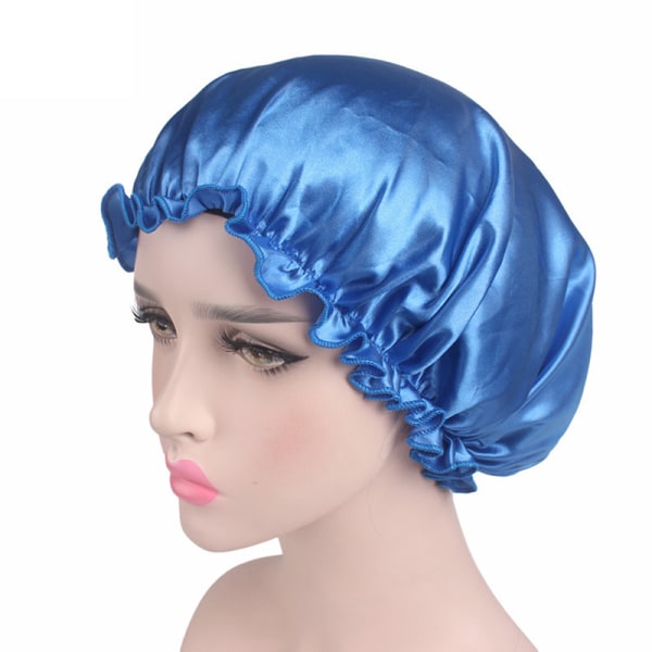 Silk Satin Nattsömn Cap Hår Bonnet Hat Head Cover Blue