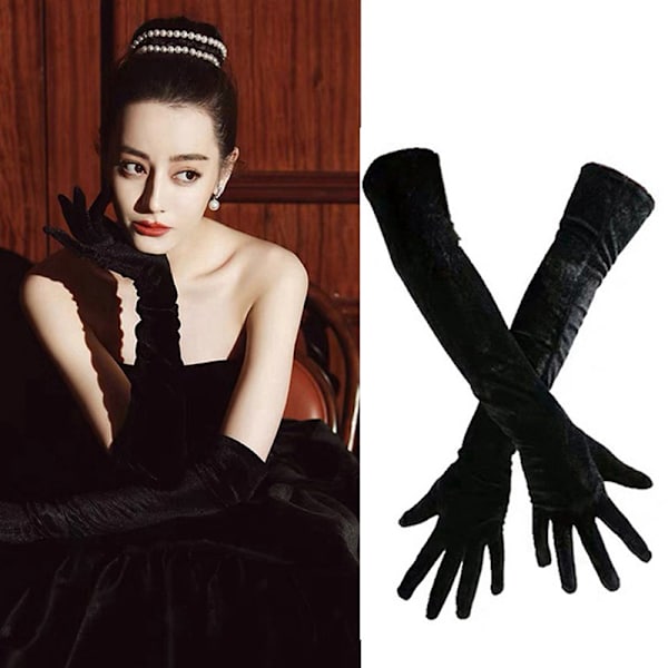 Xmas Noble Banket Style Kvinder Velvet Lang Middagskjole Handsker Black