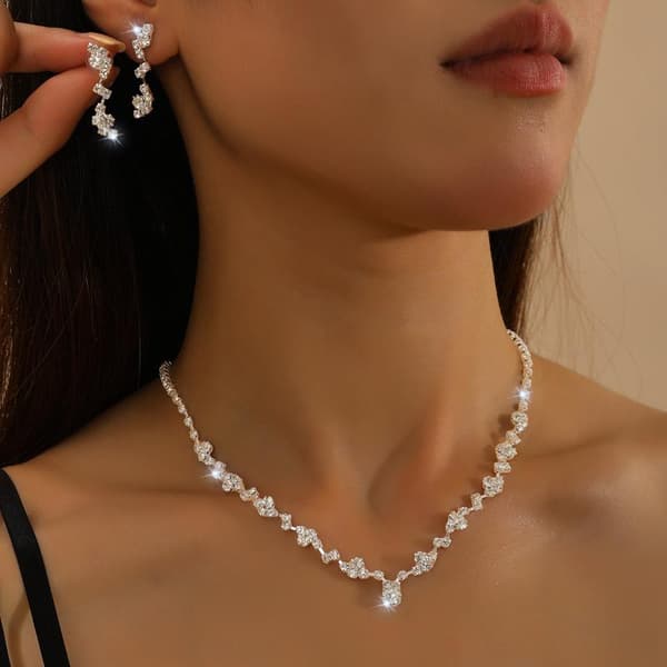 1 sæt enkel krystal choker halskæde øreringe sæt bryllup Silver