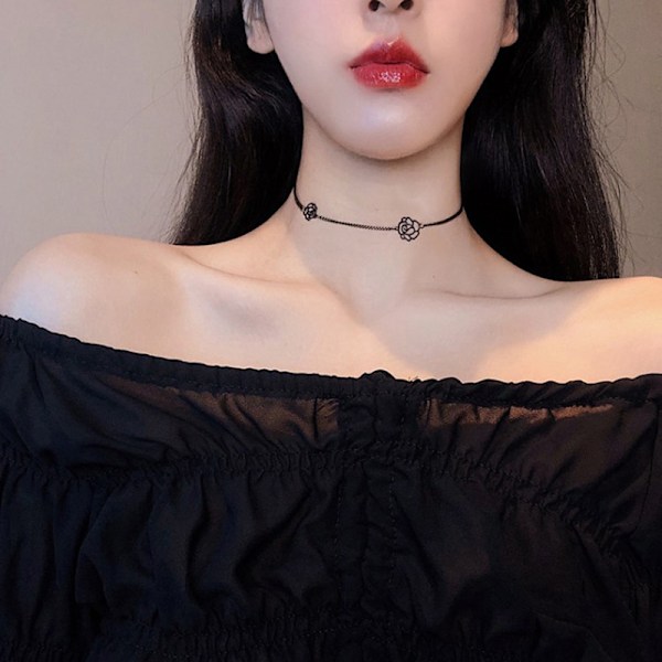 n Camellia Halsband Gothic Black Rose Kort Halsband Neck Chai
