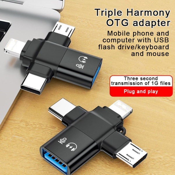 3-i-1 OTG Adapter USB3.0 Til IOS Converter Type-C Micro USB Fla Black