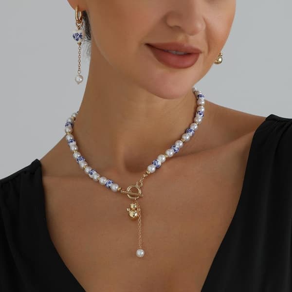 Ny stil blå og hvit imitasjonsperleanheng halskjede silver earrings