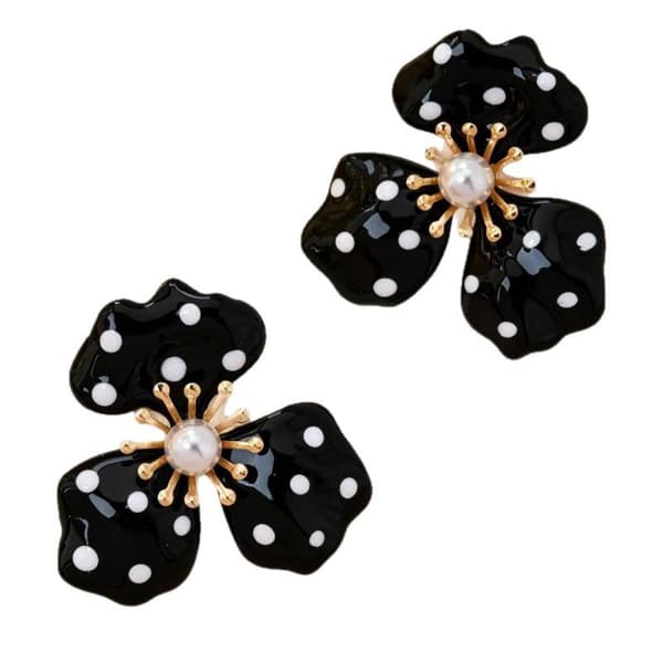 Svarte Polkadot Blomsterørepynt med Faux Perle Aksent Gullfarget A2