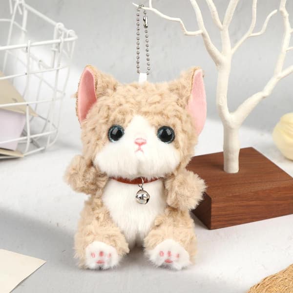 e Bell Cat Plush Keychain Curly Hair Kitten Stuffed Doll Bag Ha Beige