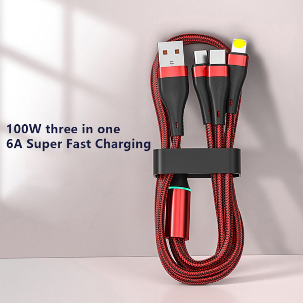 100W 6A USB til Type C 3 i 1 opladningskabel Fast Charge Micro Red 1.2m